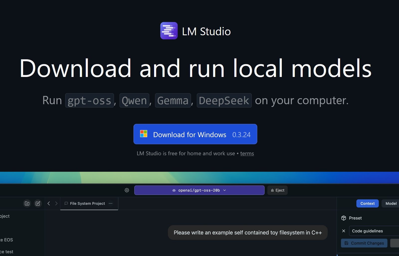 Página oficial de LM Studio con botón de descarga