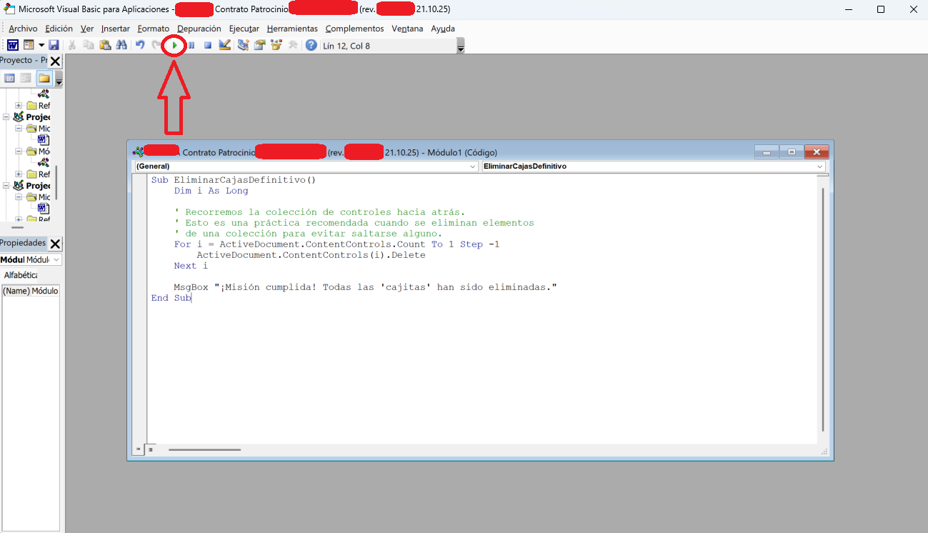 Código pegado en el módulo de Visual Basic