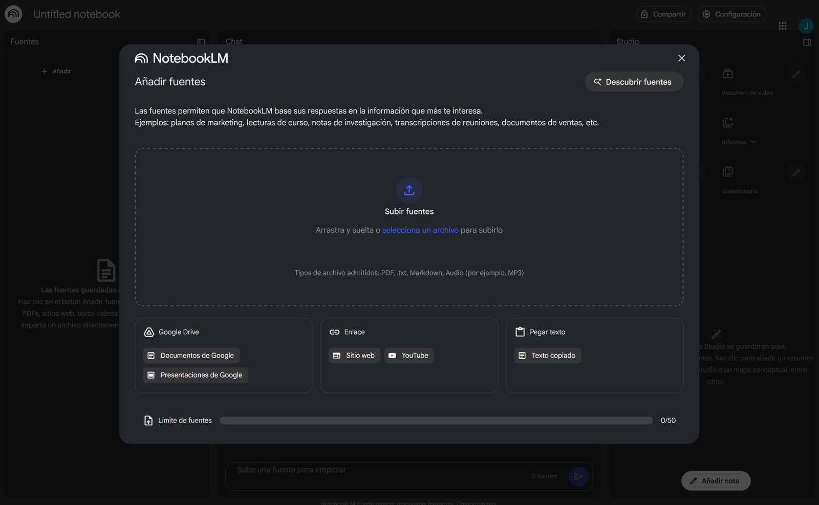 Interfaz para añadir fuentes en NotebookLM